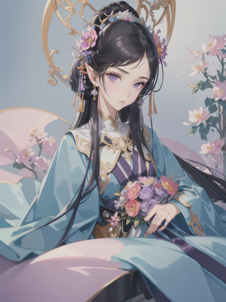 masterpiece, Highest quality, One girl, ultra detailed, Ultra-high resolution, Distinct facial features, Anatomically correct, pretty girl, detailed, Long pointy ears, Fairy, Nice face,Black Hair, Purple eyes, Polish national costume, A big bouquet of flowers filling both hands,Art Deco,