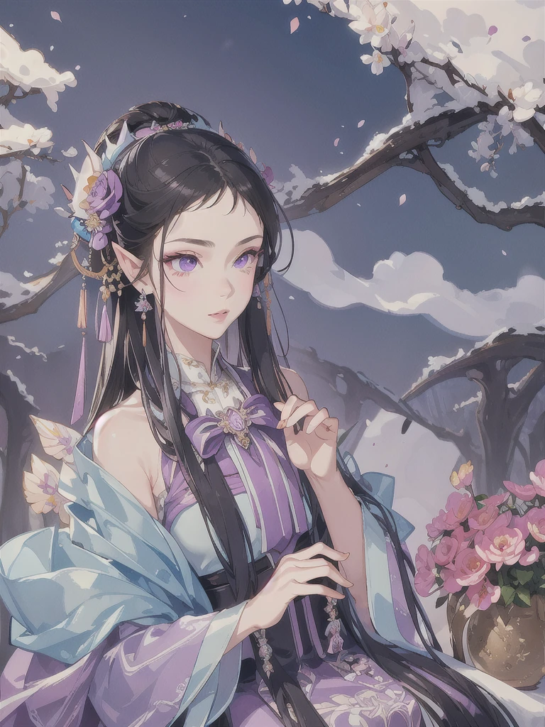 masterpiece, Highest quality, One girl, ultra detailed, Ultra-high resolution, Distinct facial features, Anatomically correct, pretty girl, detailed, Long pointy ears, Fairy, Nice face,Black Hair, Purple eyes, Polish national costume, A big bouquet of flowers filling both hands,Art Deco,