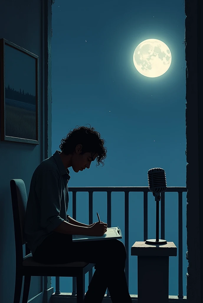 creates the image of a man sitting alone in a chair by his balcony creating poems by the window with a moon and a serene night with a painting containing an empty landscape, The dark-skinned man with wavy shoulder-length hair and a microphone on a pedestal next to him