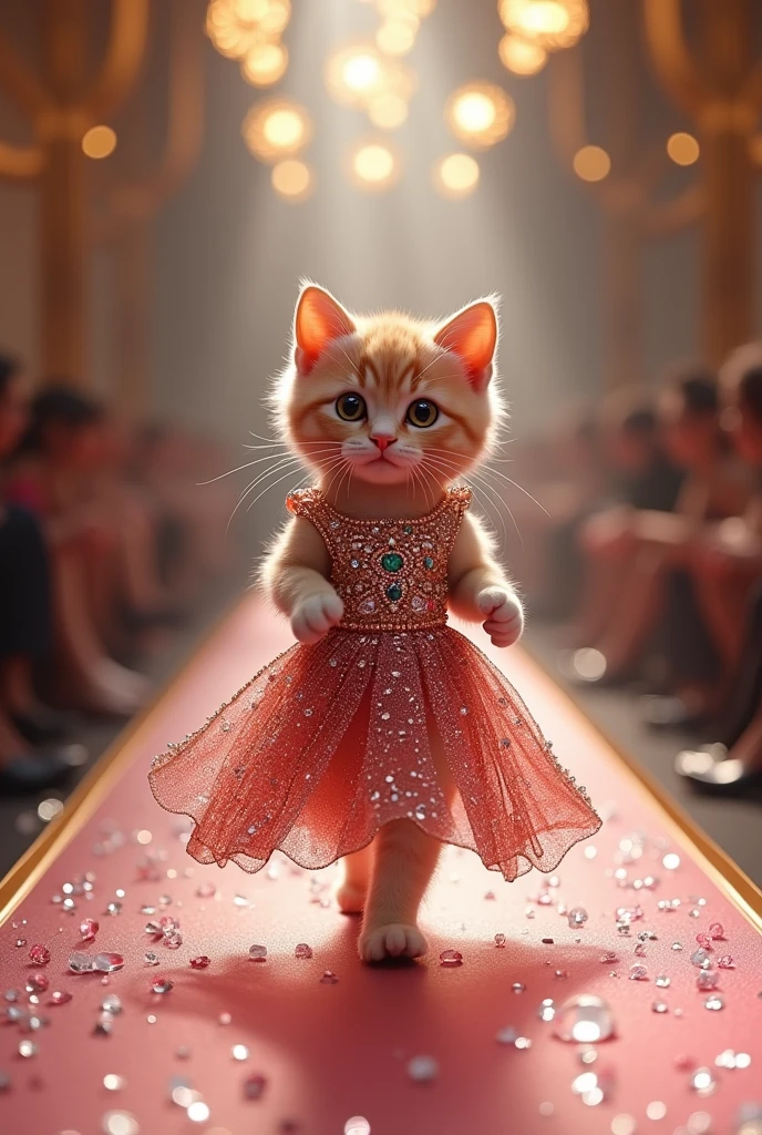 (photorealism:1.2), cute cat wearing dress made of rubies diamonds jades and emeralds walking on the runway