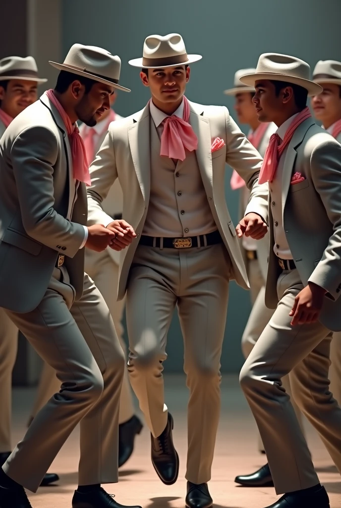 Young Peruvian men in light grey suits, white shirt, baby pink tie, hat with grey trim, black scarf and black shoes dancing