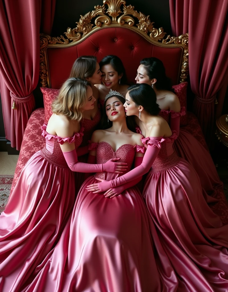 ultra quality, masterpiece, ultra resolution, longshot view, artwork, super それにget used to it, many get used to it, get used to it, それにget used to it, top view angle shows the entire bedroom,love,romantic,Six persons,((Five Mothers and One Daughter)),((Five Mature Women and One Young Woman with the tiara)),((Five Mature Women lips kissing embrace and holding One Young Woman)),((Five Mature Women holding hands and One Young Woman sat between Five Mature Women kissing)),((Midnight ruby pink satin velvet oversized long sleeve evening dresses)),((Oversize long sleeve midnight ruby pink satin velvet dresses)),((Full-length dresses train skirt stretched down and flared covered the entire mattress)),((Full of luxurious satin velvet fabric stretches and covers the the entire mattress)), luxurious shiny midnight ruby pink satin velvet evening dresses, Sitting kiss and hugging on the bed,((The Young Woman facing Five Mature Women kissing)),((Gorgeous queen rococo satin velvet long sleeve evening dresses with voluminous full-length stretched down and flared train skirt)),full-length sleeve midnight ruby pink satin velvet gloves,((long midnight ruby pink satin velvet gloves)),((floor-length midnight ruby pink satin velvet evening dresses skirt stretched down to cover the mattress)),An evening dresses with full shiny midnight ruby pink satin velvet fabric material,((Five Mature Women hugging One Young Woman)),luxury bedroom palace,((Palace full shiny midnight ruby pink bedroom)),((The bed full-covered of stretched and flares satin velvet fabric)), ((Long midnight ruby pink velvet bedroom material)),Frilled silk velvet bedroom midnight ruby pink bludru pillows on the bedroom,Five Mature Woman hugging Young Woman,One Young Woman's body surrounded and covered by Five Mature Women's dresses skirt,((Five Mature Women is sitting kiss embrace One Young Woman, One sitting in the bed between Five Mature Women)),luxurious ruffled midnight ruby pink curtains
