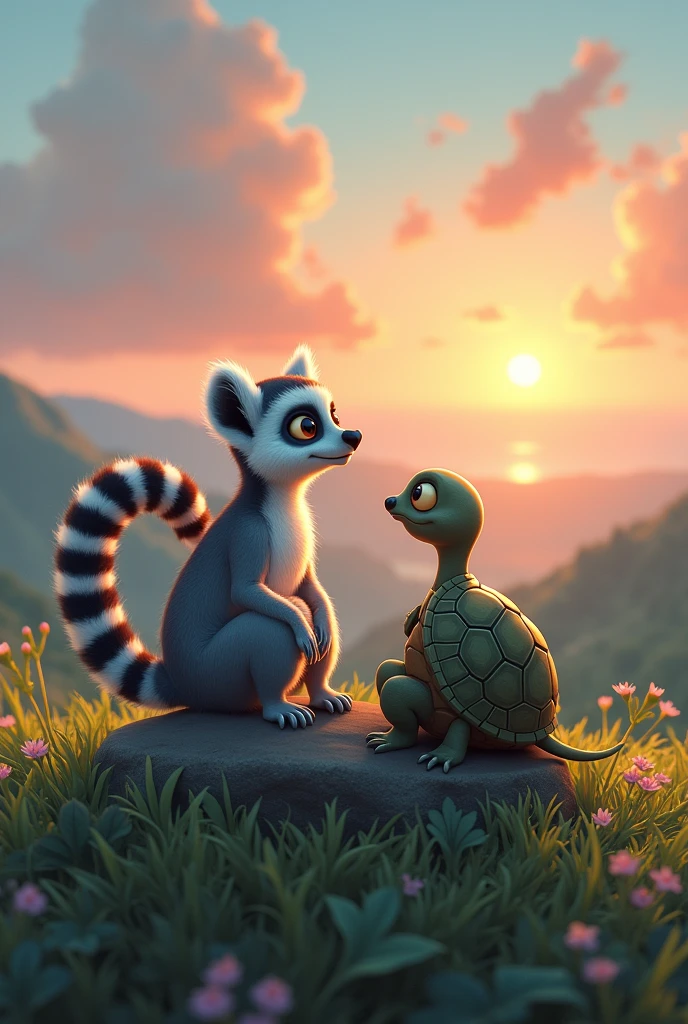 Lemur and turtle looking at the horizon
