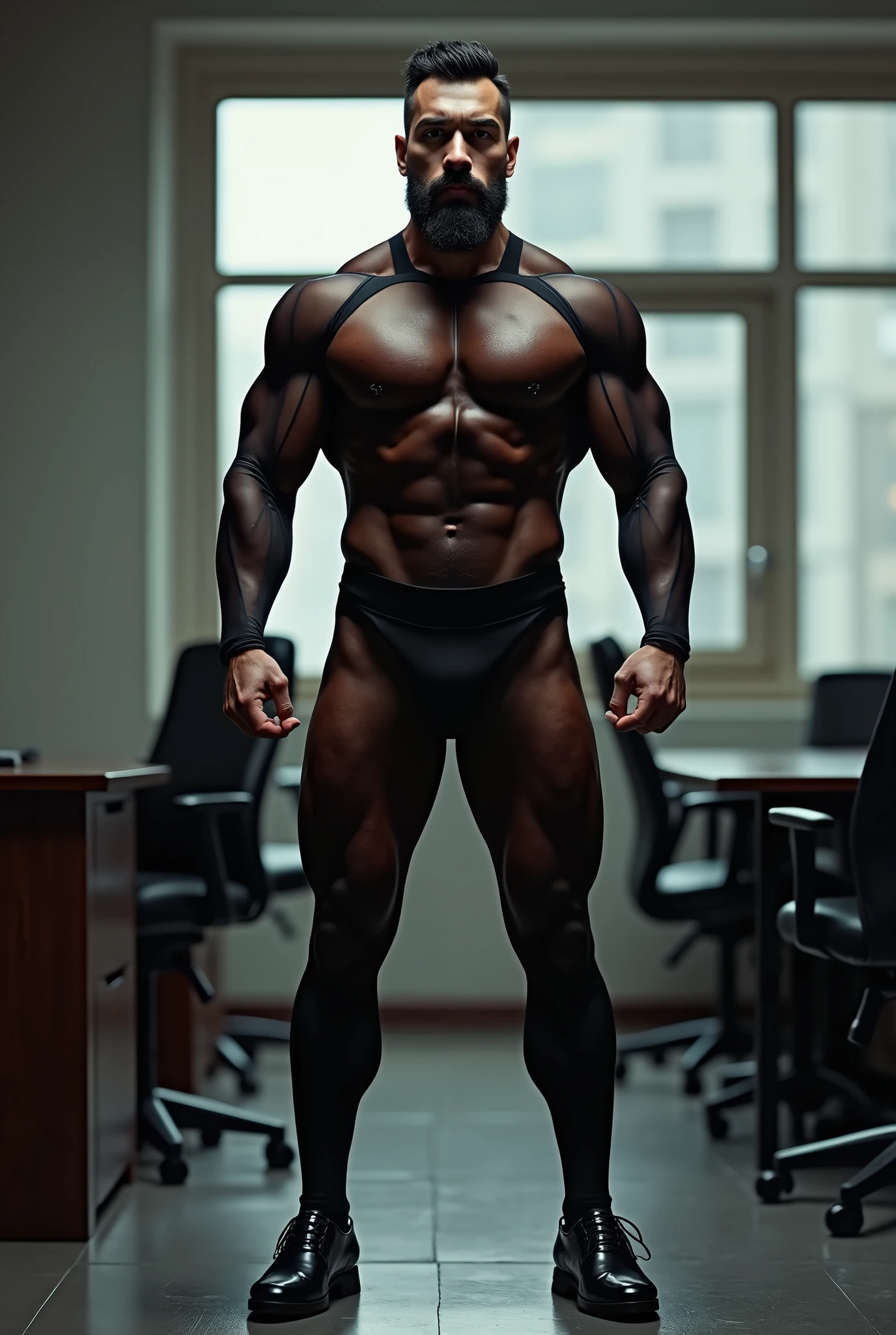 East Asian dad transparent tight suit black leather shoes long legs black socks black stockings full body big dick muscle beard masculine office sexy abdominal muscles fuck