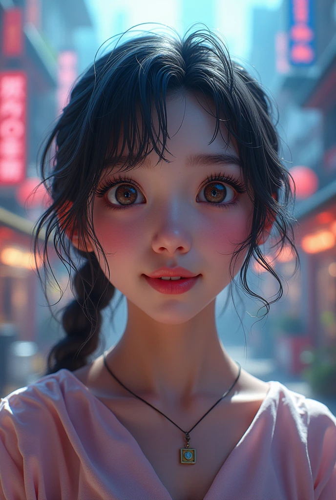 Photo Realistic a happy korean girl  21, surprised expression, beautiful detailed eyes, beautiful detailed lips, extremely detailed face, large expressive eyes, long eyelashes, imagining entering a new world similar to the city in Final Fantasy VII Rebirth, vibrant colors, intricate details, kawaii style, octane render, 8k, highly detailed, photorealistic, dramatic lighting, volumetric fog (1:1)