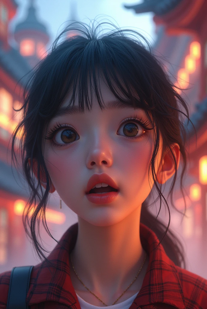 Photo Realistic a happy korean girl age 21, surprised expression, beautiful detailed eyes, beautiful detailed lips, extremely detailed face, large expressive eyes, long eyelashes, imagining entering a new world similar to the city in Final Fantasy VII Rebirth, vibrant colors, intricate details, kawaii style, octane render, 8k, highly detailed, photorealistic, dramatic lighting, volumetric fog (1:1)