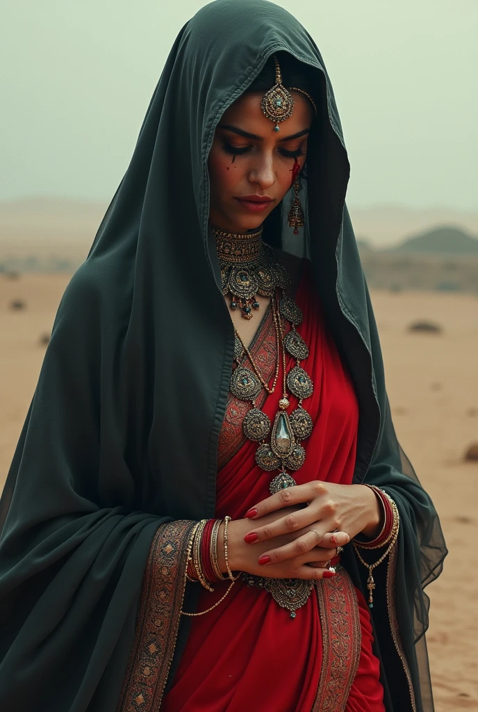 Make a portrait of mysterious Indian queen with wearing lots of jewellery who hide her face and crying blood tears with long Vail covering her face in red saree with sand clock