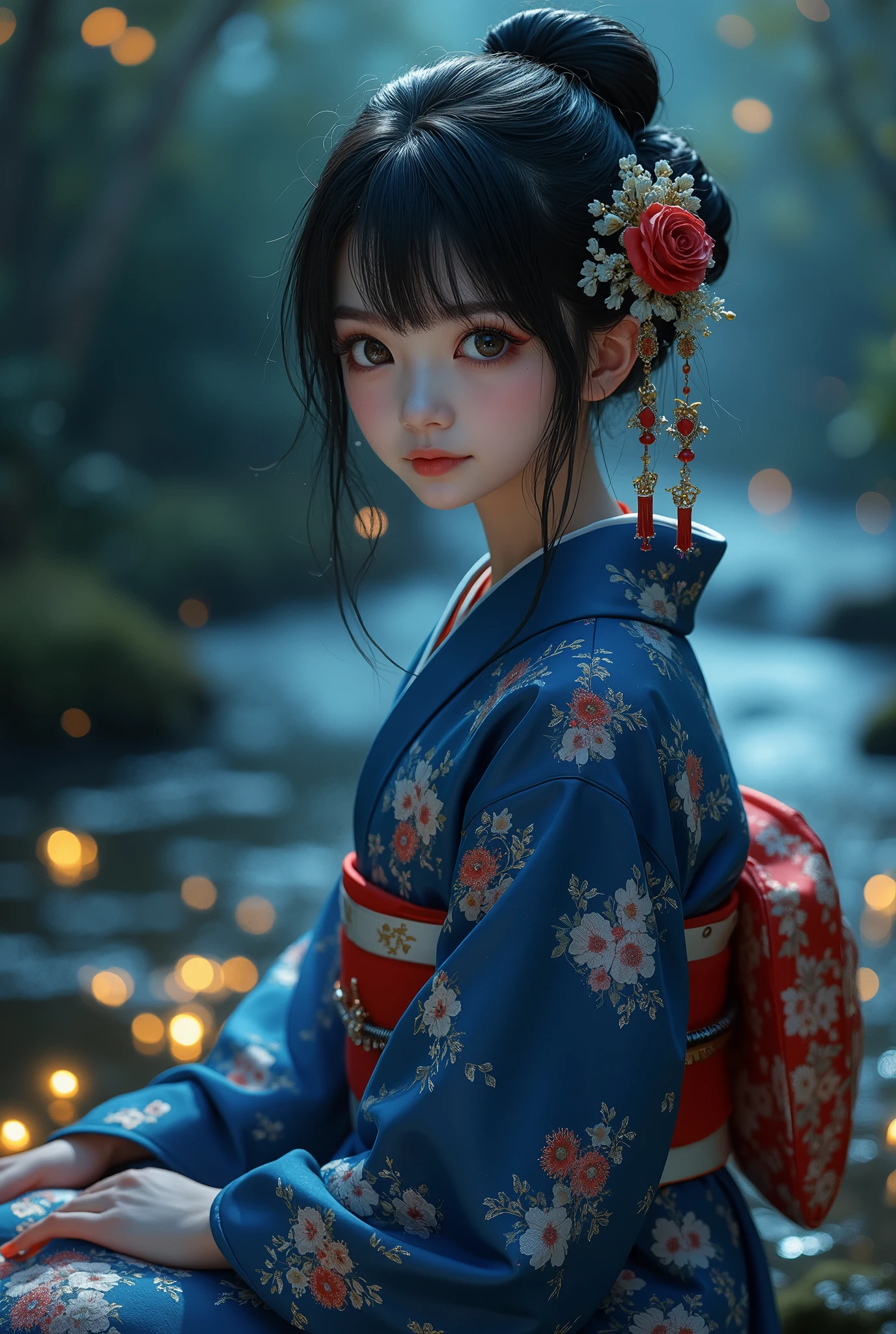 (masterpiece,best quality:1.4),(8k,raw photo,photo realistic:1.2),shiny skin,detailed skin,detailed face,detailed eyes,Detailed hands,Detailed Background、1girl,Japanese idol,(beautiful face),(Shining Eyes:1.1),、、Symmetrical eyes、、Great background、Great location、((Japanese Yukata))、(Detailed and very cute,,Junior idol,)、Mysterious夜,Fireflies flying around in the stream,The light emitted by fireflies,Full body portrait,,Mysterious,Charming girl sitting,nswf,sexy Instagram style