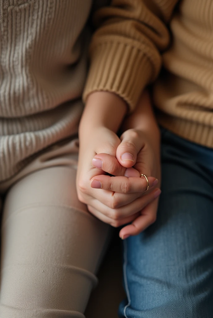 A picture of two hands of a girl and boy. The girl wears a bracelet in left hand. They hold their hand each other.they are sitting together. Realistic picture. Upper view. And didn't create any body part only hands.