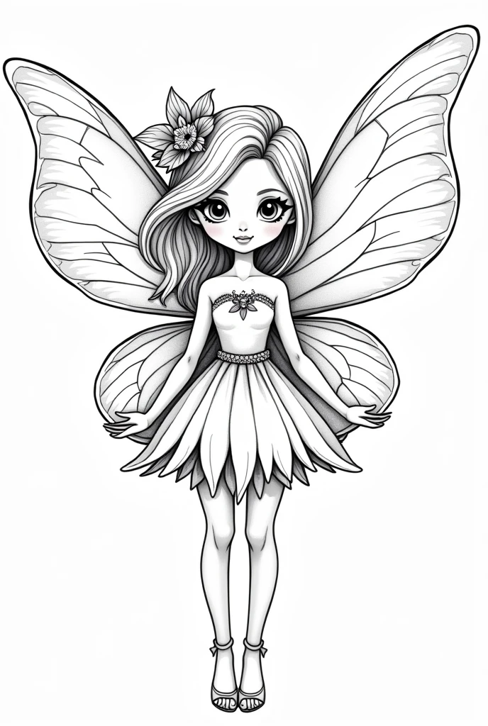 4k ultra hd, masterpiece, a girl, good face, detailed eyes, detailed lips, flower fairy girl, big wings,, for coloring pages, full white,clean line art, children's style, magic forest background, full body, Sketch style, playful style, childrens,coloring page, clean line art, white background, colouring page, clean outline