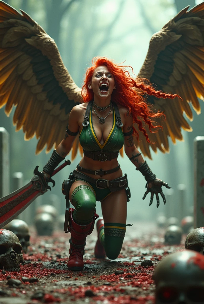 (((A beautiful red-haired woman wearing a green leather top with yellow in the middle and (((Cali green leggings with red shorts or thong over the leggings))) red boots on a sheepskin, a giant wide-brimmed sword, huge brown falcon wings that cover her entire body, a brown harness on her chest, tattoos on one of her arms, a long braid blowing in the wind, on her knees, screaming, exhausted after a long battle, skulls and blood, a cursed cemetery)))