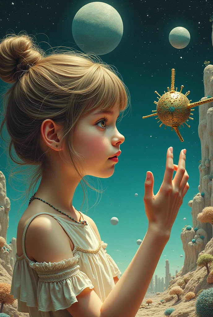 Digital illustration art. Surreal scene of a girl and artificial satellite. In the style of Roland Topor in charge of the original picture of Fantastic Planet. With the addition of psychedelic elements of Alex Grey and fractal elements.
