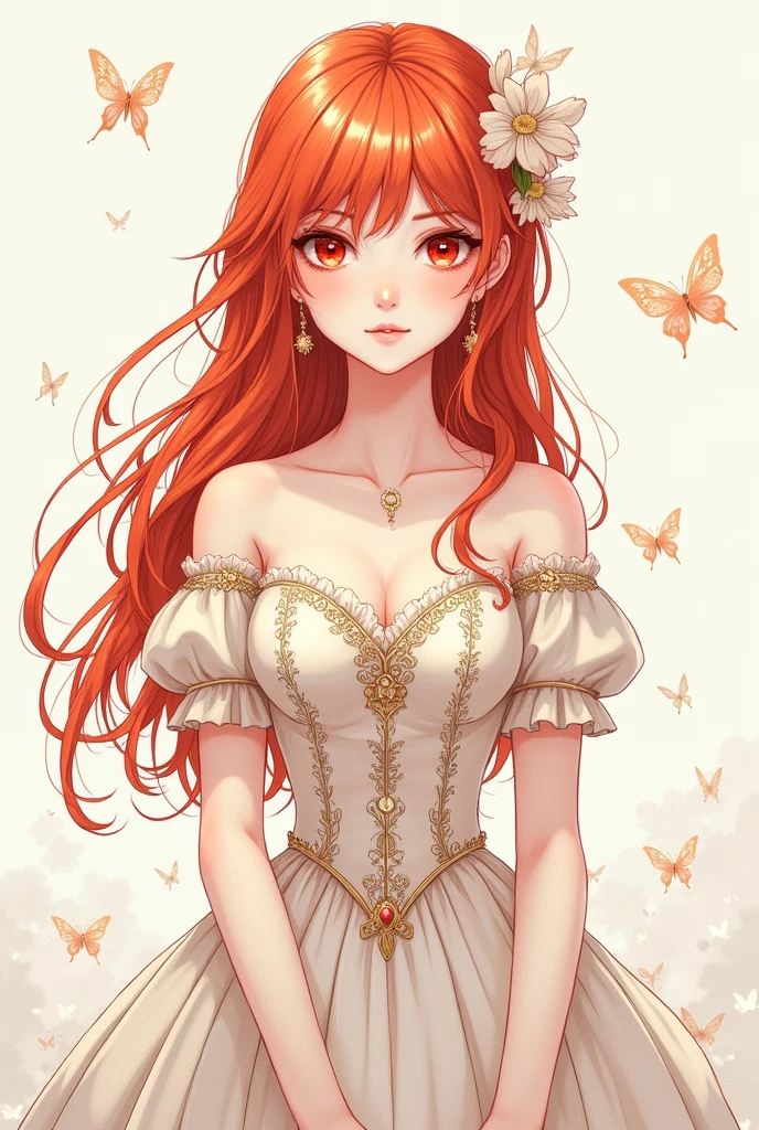 (masterpiece, Best Quality, High resolution: 1.4), detailed, intricate details, 4k, touch of color, Line art, Fibonacci.
detail.
Miss, long red hair, Waist length hair, Red eyes, smooth skin, White skin, slim, smiling, gentle.
detail de ropa
Vestido victoriano de princesa con detalles de mariposas, butterfly princess.