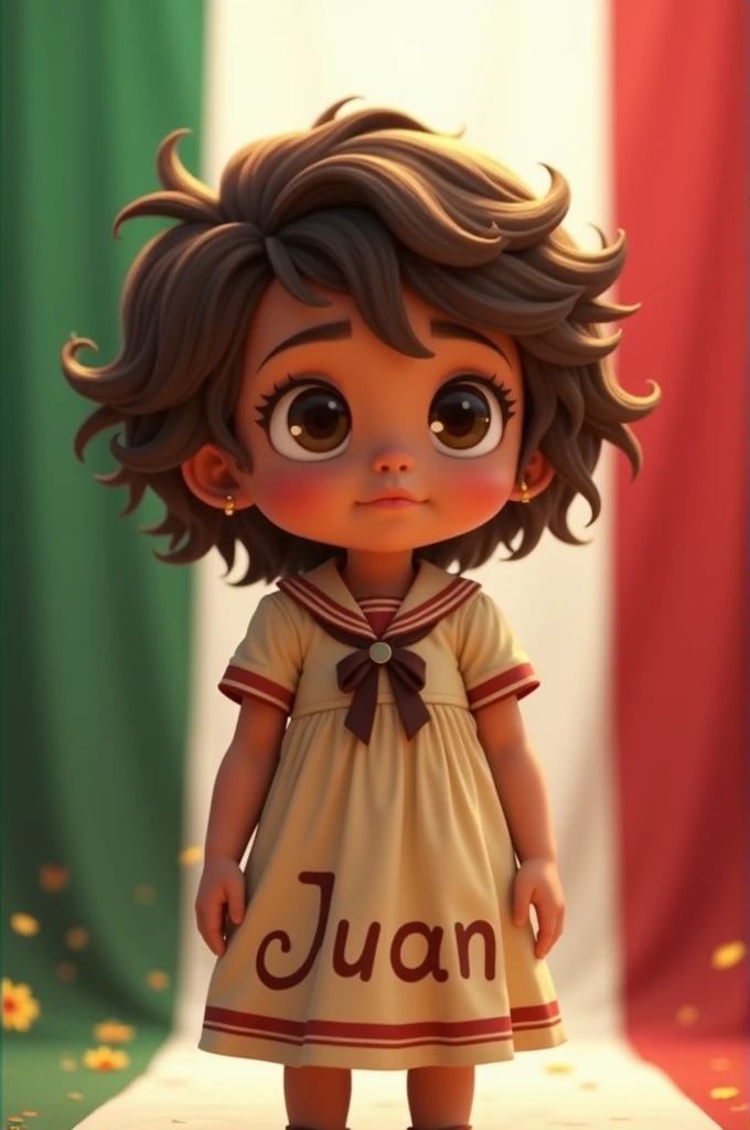 animated cartoon, child,medium brown,broken brown hair,Light coffee,sailor dress, That has the name "Juan"representing the independence of Mexico with the Mexican flag 