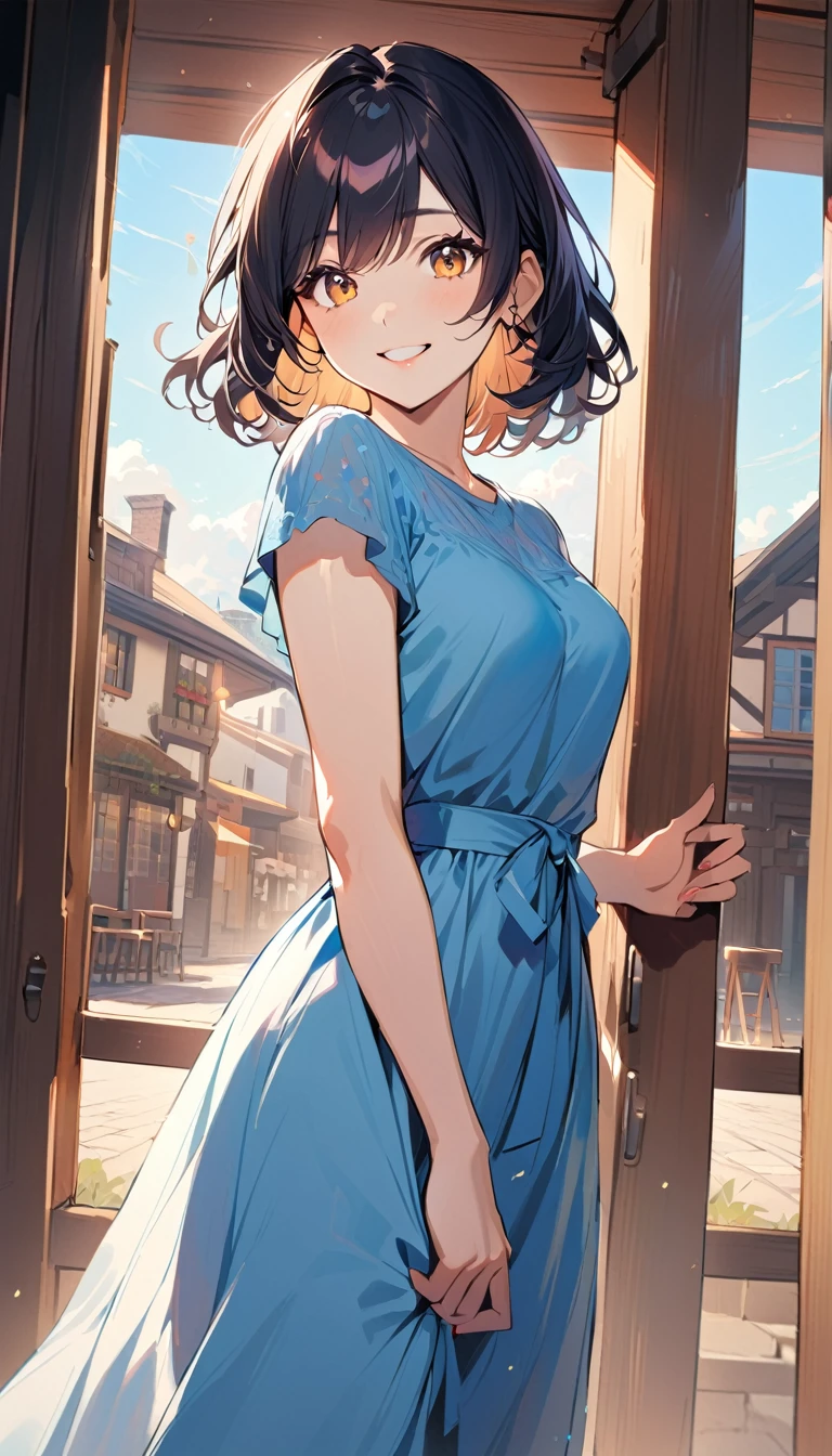 1woman, solo, handsome, medium hair, black Hair, brown eyes, detailed eyes, 25years old, smile, happy, wear blue casual long dress, looking at viewer, light lips, cowboy shot, opened mouth, blue sky