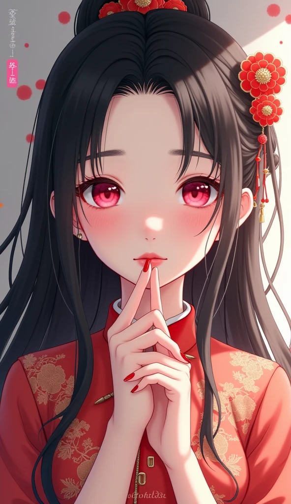 1 girl in Chinese dress, long hair, black hair, pink eyes, laughing happily, beautiful fingers covering lips, red nails