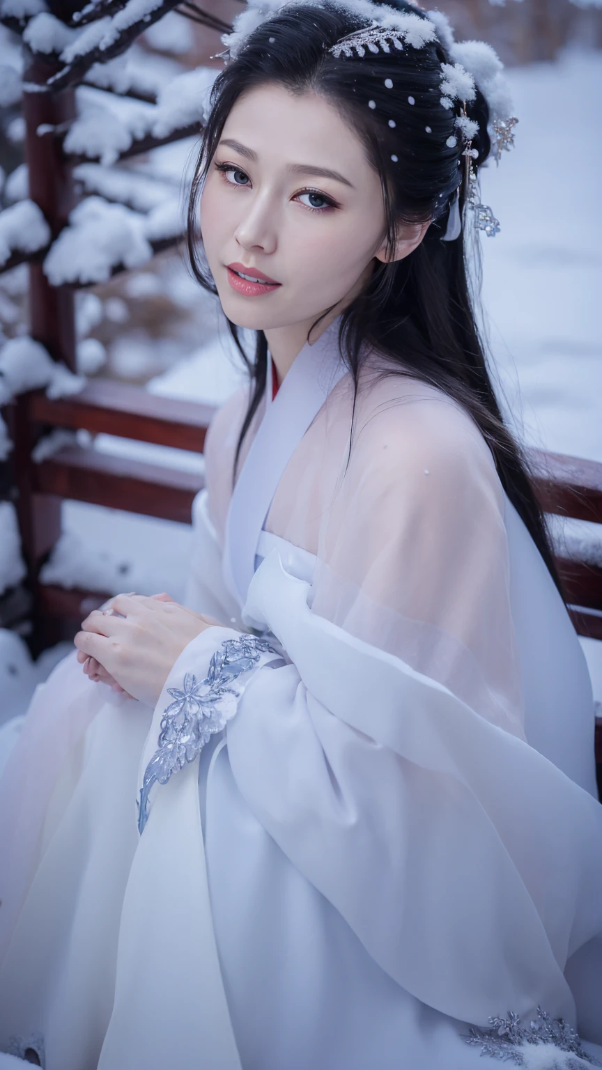 1 Fashion Model [[[[close up]]]], [[[[neck]]]], [[[[Shoulder]]]], (((Complete head)))，(((Complete hairstyle)))，Perfect eyes, Perfect Iris，Perfect lips，Perfect Teeth，Perfect skin，White skin，Soft headlights，High-density imaging，Black long hair，（Clean and delicate face），((Red fur winter hanfu))，((Half-length photo))，((The background is a snowy scene))，((winter))，((Various dynamic poses))，((The background is a snowy scene))，best quality，masterpiece，（Soft colors：1.2）