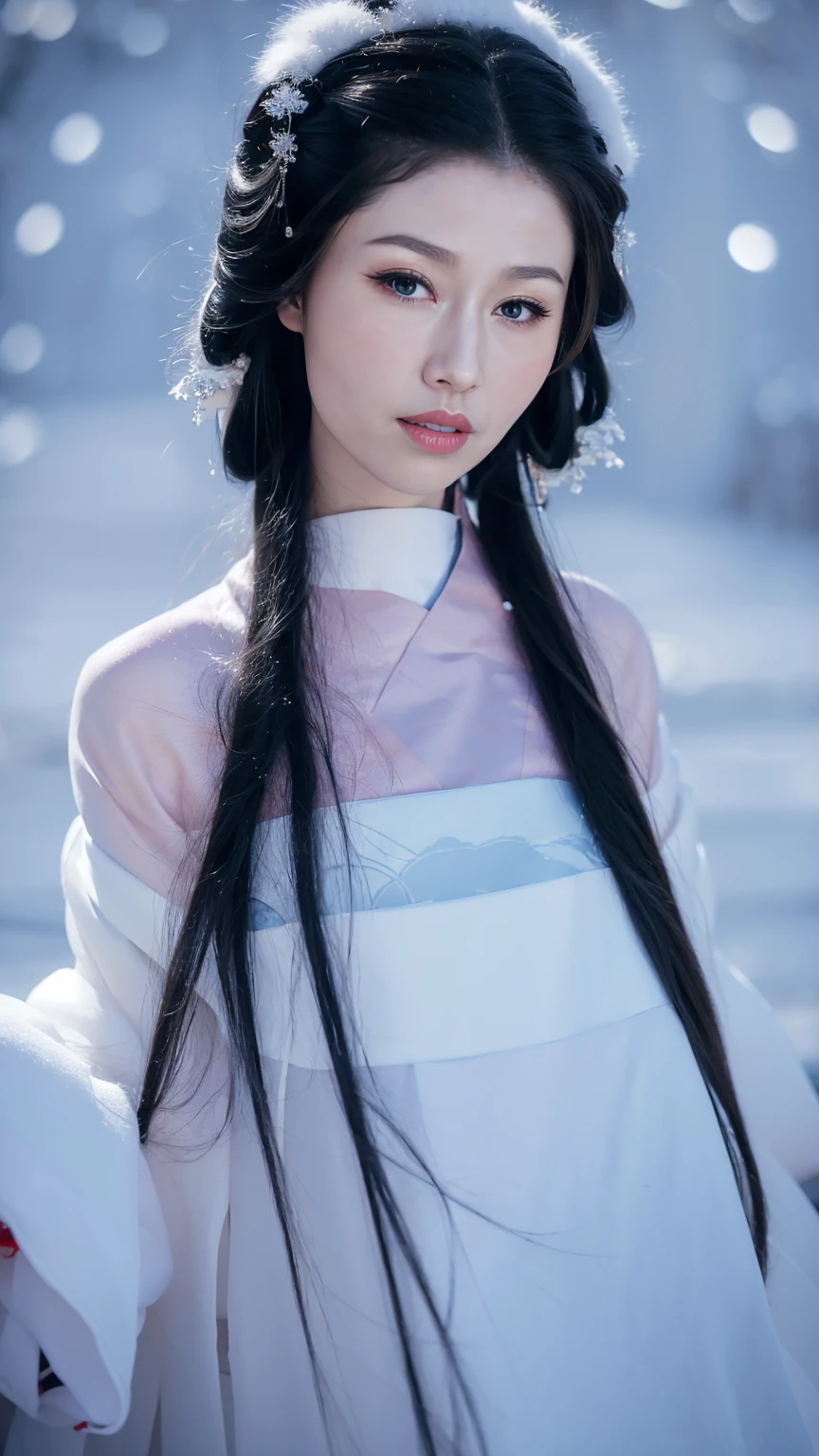 1 Fashion Model [[[[close up]]]], [[[[neck]]]], [[[[Shoulder]]]], (((Complete head)))，(((Complete hairstyle)))，Perfect eyes, Perfect Iris，Perfect lips，Perfect Teeth，Perfect skin，White skin，Soft headlights，High-density imaging，Black long hair，（Clean and delicate face），((Red fur winter hanfu))，((Half-length photo))，((The background is a snowy scene))，((winter))，((Various dynamic poses))，((The background is a snowy scene))，best quality，masterpiece，（Soft colors：1.2）