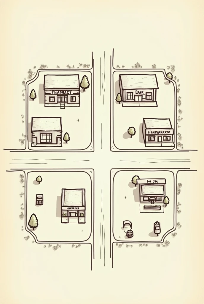 There is one street going east to west.There are two streets going north to south.The pharmacy is in the northwest corner.The bank is across from the pharmacy.The bank is to the east of the pharmacy.The hardware store is south of the bank.The supermarket is between the hardware store and the gas station.The gas station is east of the supermarket. Como mapa medio detalladadito facil de dibujar