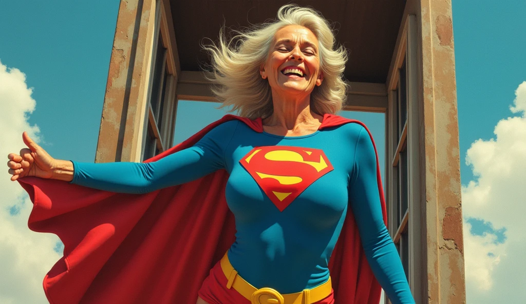 Julie Hagerty(((very beautiful old Supergirl (((1984s costume))); Julie Hagerty))) Super old woman Julie Hagerty; confident, powerful, indestructible, attractive; big and firm chest; strong breasts; saindo de uma cabine telefônica e decolando para o céu, By Georege Perez