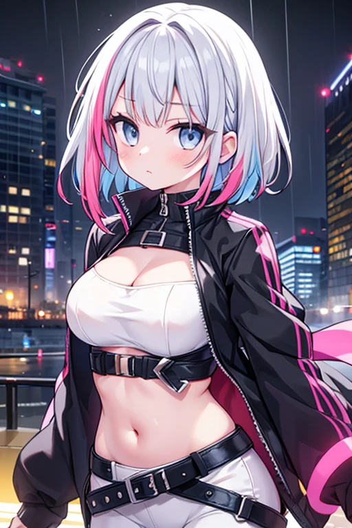 Portraiture, 1 girl, Beautiful Face, Asymmetrical hair, Multi-coloured hair, belt, Bodysuits, Covered my mouth, Belly button, Removable sleeves, Grey Eyes, Hip vents, Open jacket, cute, View the viewer, City of night, neon, Rainy,