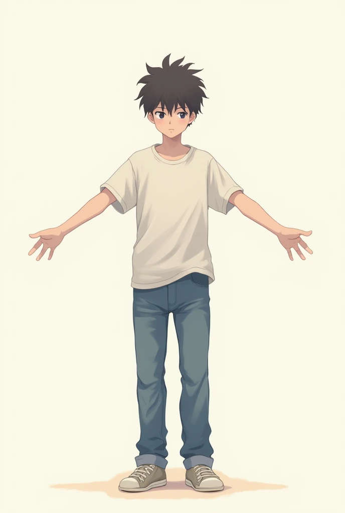 Casually dressed anime boy with outstretched arms looking at the floor 