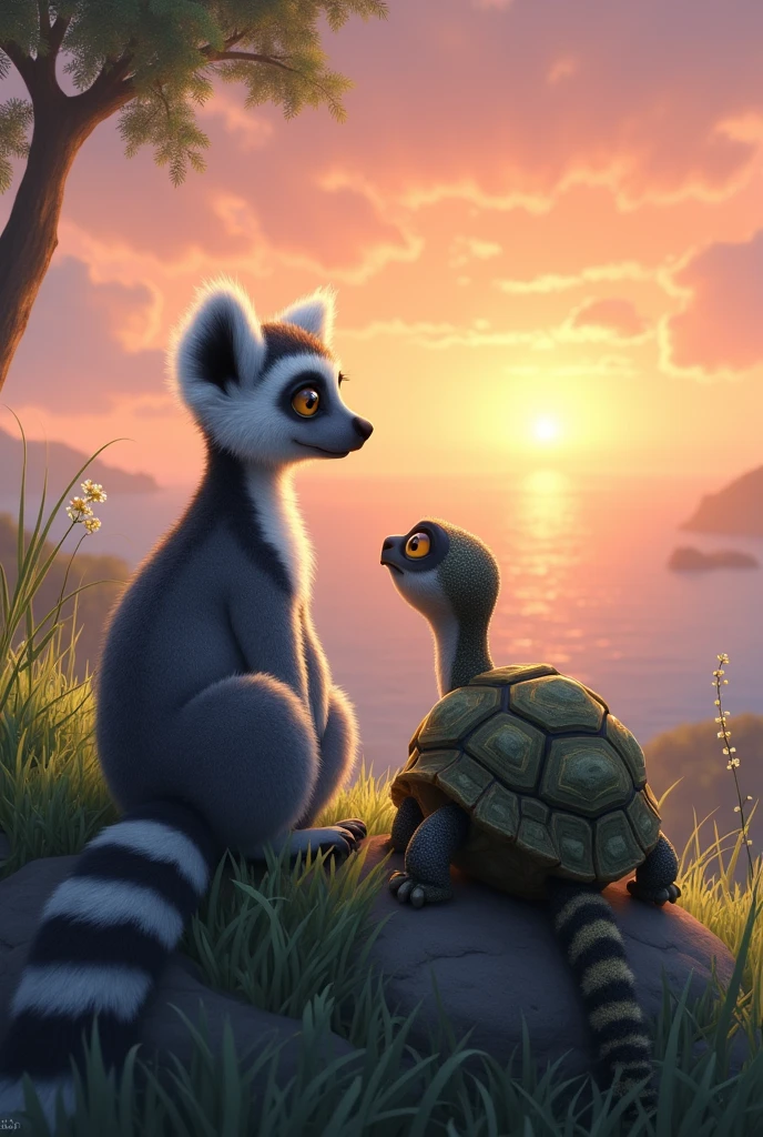 Lemur and turtle looking at the horizon