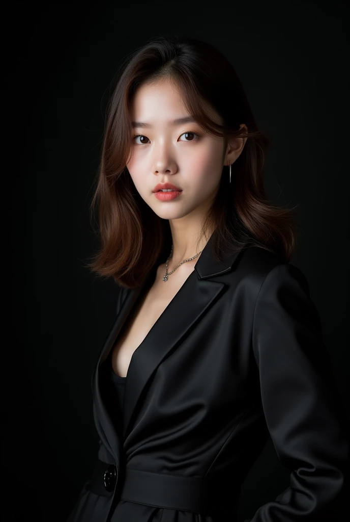 Photoshoot debut girlgrup. Rank 4 trainee. Lead vocalist. Korean. Shoulder hair. Her face like hyojung oh my girl. Concept black.