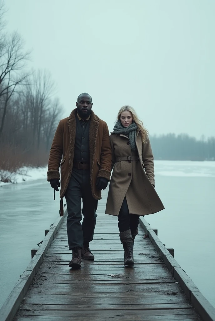 I need a brown man and a white woman walking on a dock with a cold background