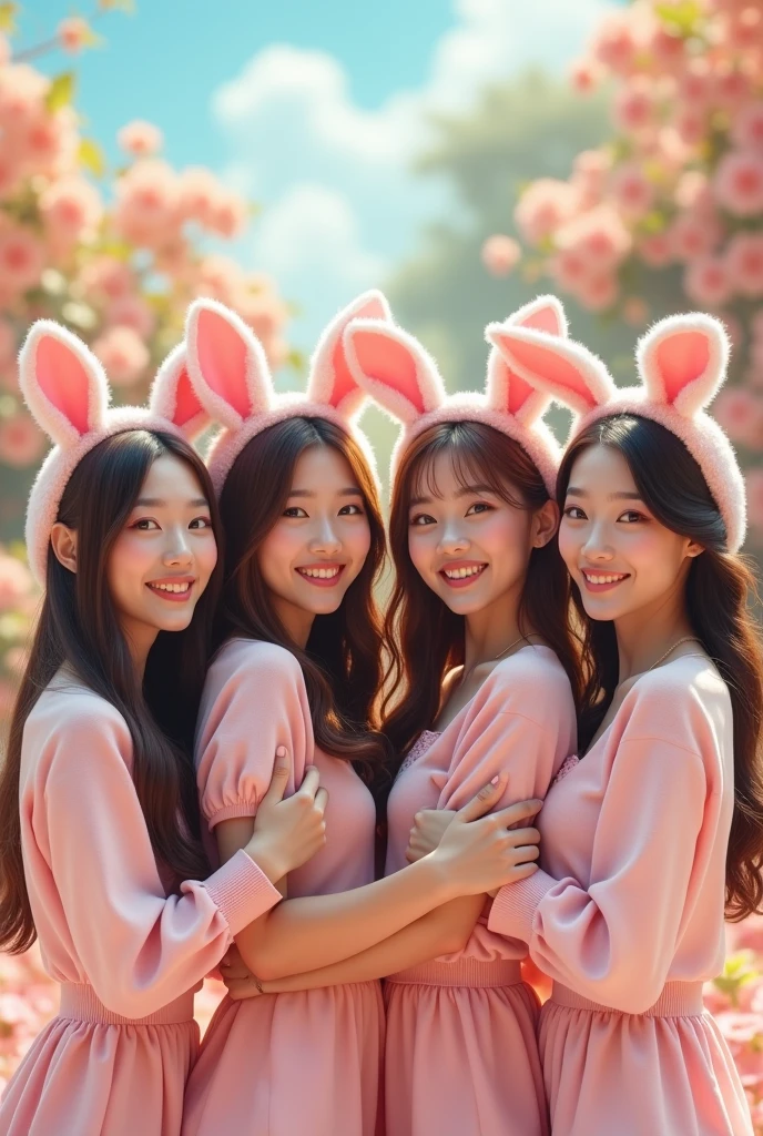 (photorealism:1.2), kpop group, four female members, beautiful, talented, fun, children's, kpop, soft, tender with bunny hats