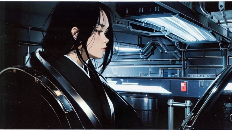 Black Hair、Cold look:1.5、Japanese woman in her 30s、Dark Background、One Cool Lady:1.5、night、Dark Eyes、Black gloves、Ominous Machine Lifeform、Nihil、Half of his body is made of machinery、Mechanical Man:1.5、profile