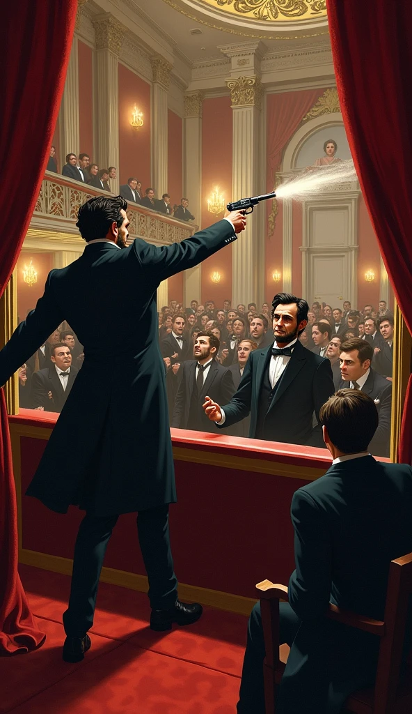 new 2 "Illustrate the moment John Wilkes Booth fires his pistol from behind Lincoln’s box. Capture Lincoln’s shocked reaction and the chaos erupting among the audience. Emphasize the dramatic contrast between the performance and the attack."
