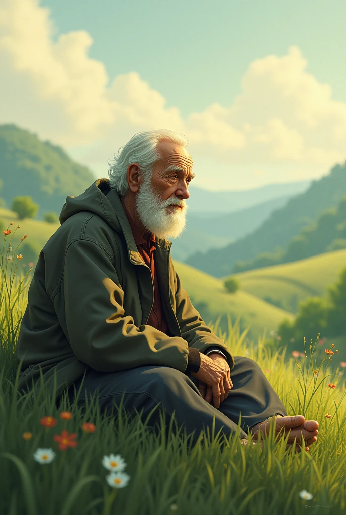 Give me an easy illustration to make of an old man receiving euthanasia while he is in a valley of peace and smiling (representing that euthanasia brings peace)