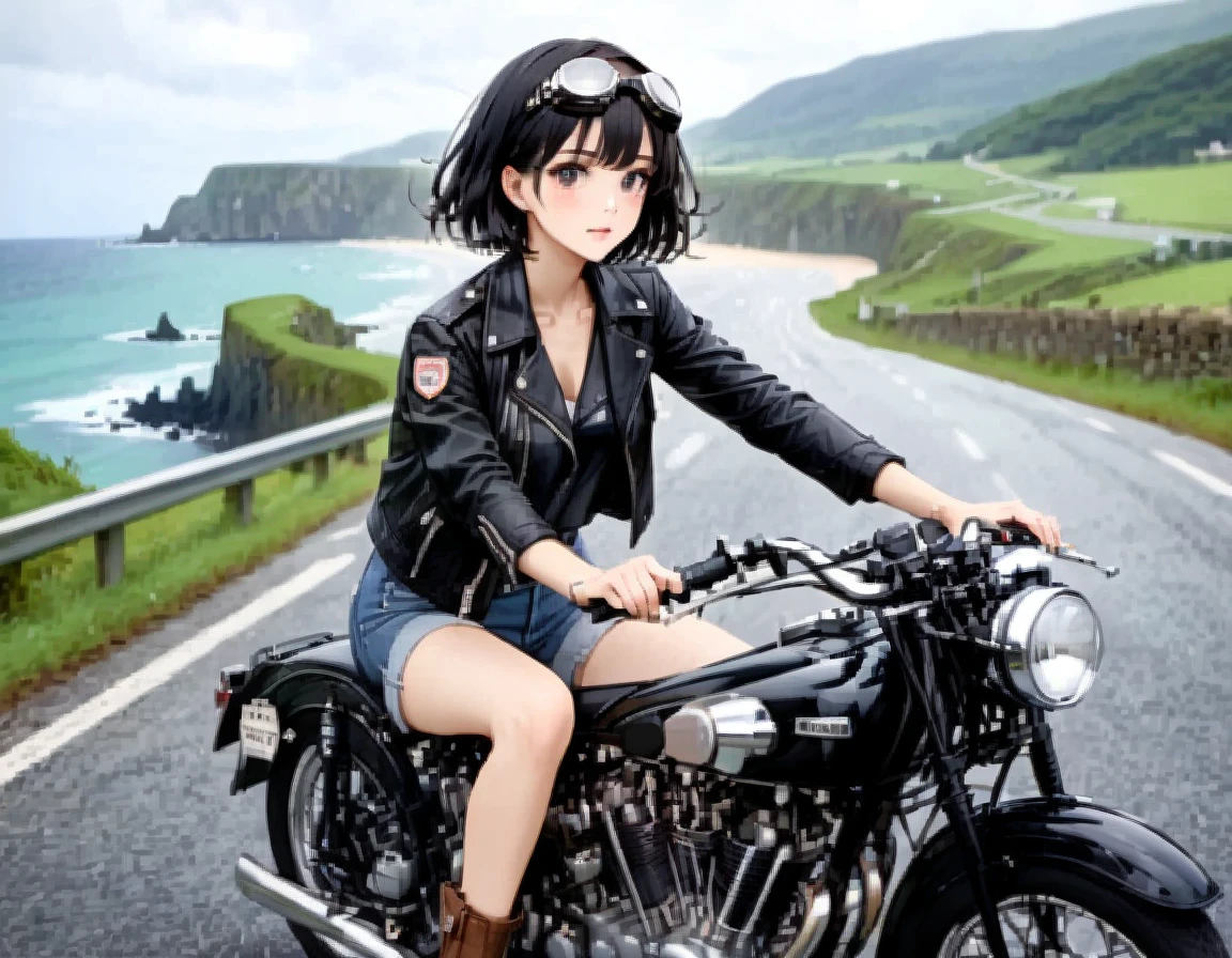 (クラシックRiding on motorcycle )、(Vintage Bikes、Bluff Superior SS100)、Photograph the entire bike、 (Riding on motorcycle:1.2), Beautiful young woman、1、Beautiful Face, Beautiful and delicate eyes, Black Hair, Short Bob Hair,  Classic Leather Jacket、With goggles、After the Rain、English countryside、 Coastal road with ocean view、Detailed Description、(Highest quality, masterpiece, High resolution)、8k、wallpaper
