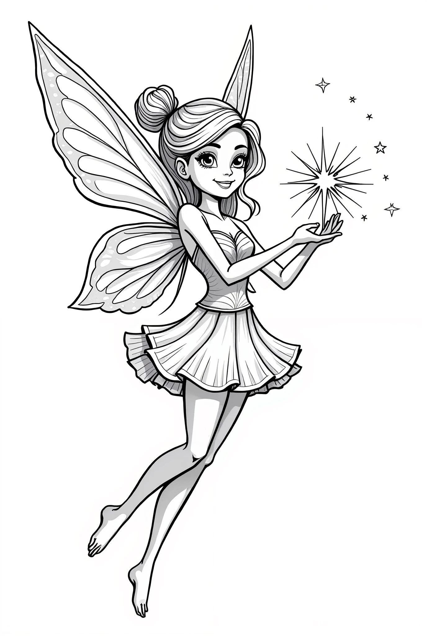 a pretty fairy with a magic star in her hands, for coloring pages, full white,clean line art, children's style, magic forest background, full body, Sketch style, playful style, childrens,coloring page, clean line art, white background, colouring page, clean outline