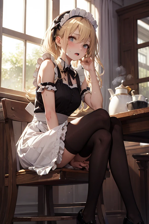 masterpiece, Highest quality, High resolution, \(style\),Sweating all over the body、vapor、Anguished expression、maid、stockings、sit、Her legs are crossed、Displeased、Long blonde、curl、pants、Long skirt、Frightened expression、Shabby