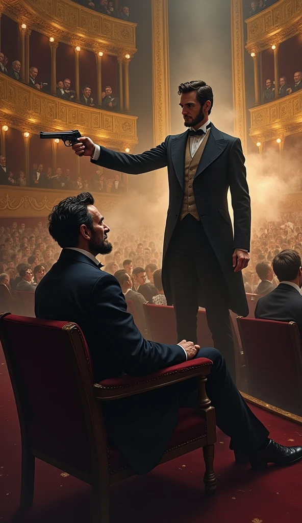 "Illustrate the moment John Wilkes Booth fires his pistol from behind Lincoln’s box. Capture Lincoln’s shocked reaction and the chaos erupting among the audience. Emphasize the dramatic contrast between the performance and the attack."