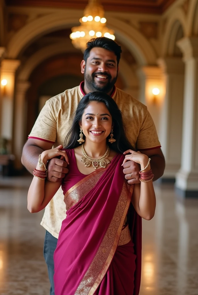 Beautiful and Slim Indian woman in a dark pink silk saree lifting piggyback a large chubby man above her shoulders, man is sitting on woman's shoulders, in a wedding hall with high ceiling, natural smile, woman is looking into the camera , she is holding his hands, full body image