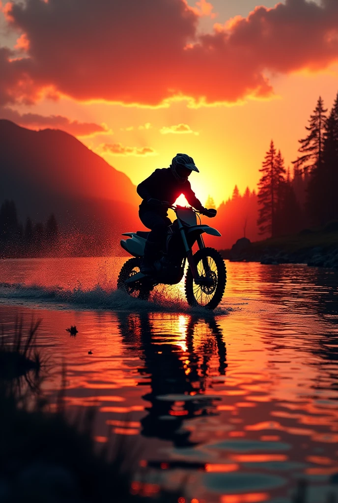 Make a  silhouette of a dirt bike doing a river crossing with the water blue and sunset