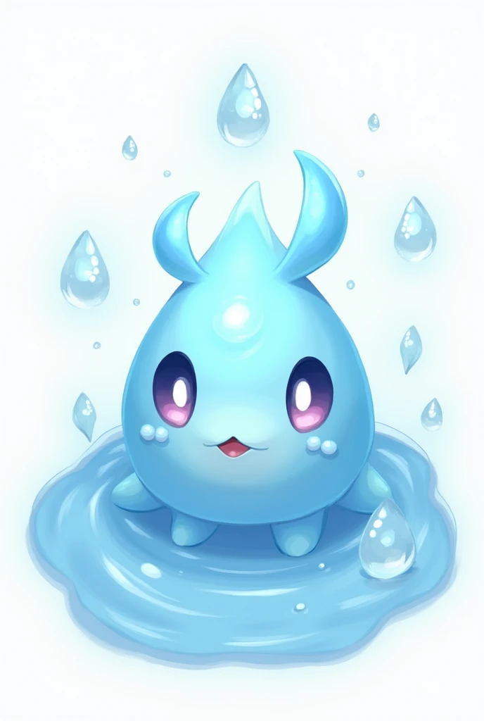 "Create a sprite for a Pokémon-like video game character, inspired by water. This cute little character is meant to be made of water droplets and have a rounded shape with water horns. , like a living bubble. It should have details such as large, teardrop-shaped, shiny eyes and small waves around its body that suggest aquatic movement.. The sprite must be in a neutral pose for 3D modeling, with a transparent background."