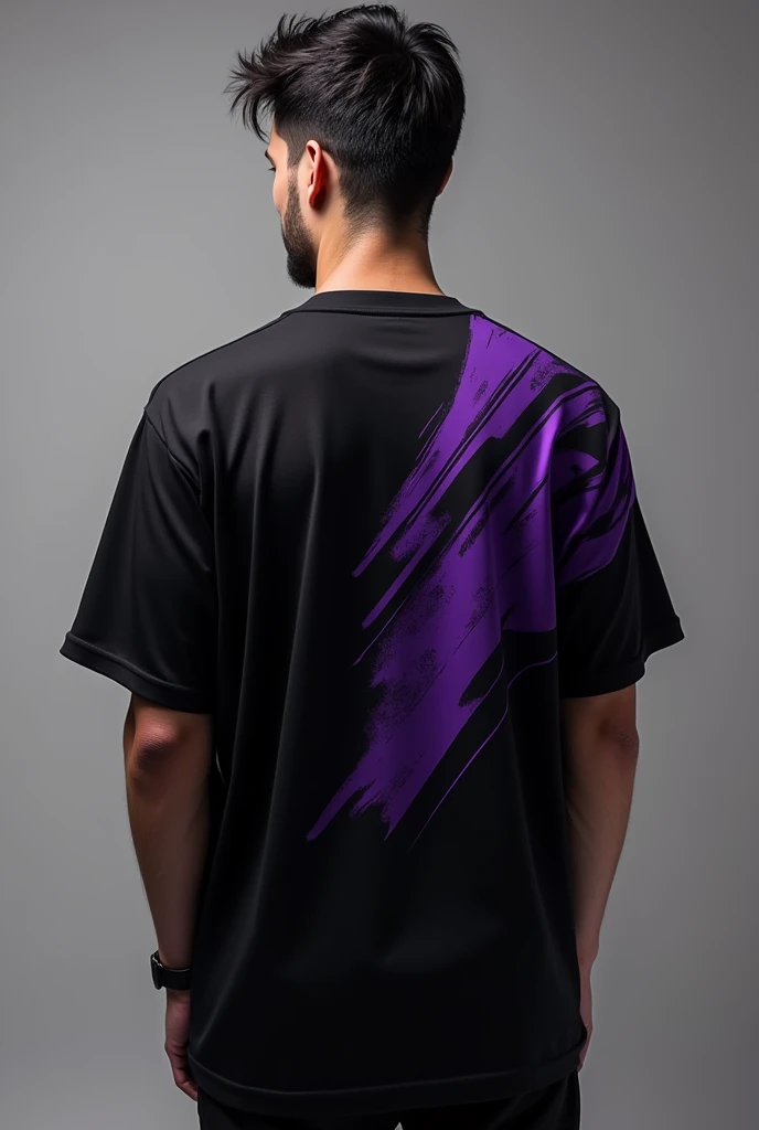 front and back of a black shirt with purple accents