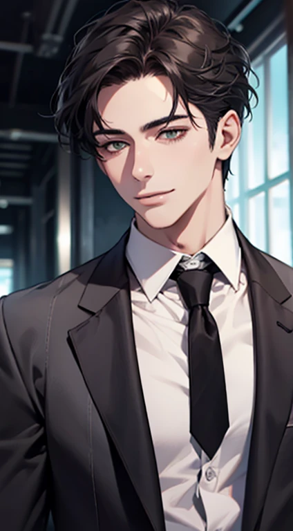 (Highest quality,4K,8K,High resolution,masterpiece:1.2),Super detailed,(Realistic,photoRealistic,photo-Realistic:1.37),1 personld,Mature Men,Beautiful skin、very handsome,Expressionless smile in love,Short gray Black hair,green eyes,Sharp Eyes,A perfect face without a doubt,Businessman, CEO, Office Background,Cinema Lighting,HDR image,tie、