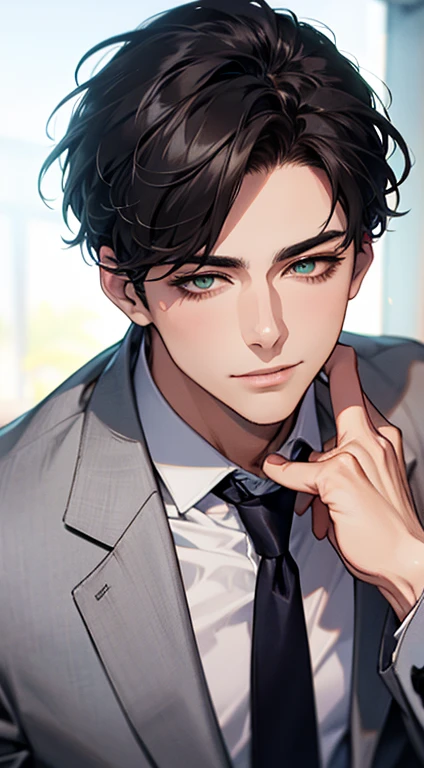 (Highest quality,4K,8K,High resolution,masterpiece:1.2),Super detailed,(Realistic,photoRealistic,photo-Realistic:1.37),1 personld,Mature Men,Beautiful skin、very handsome,Expressionless smile in love,Short gray Black hair,green eyes,Sharp Eyes,A perfect face without a doubt,Businessman, CEO, Office Background,Cinema Lighting,HDR image,tie、