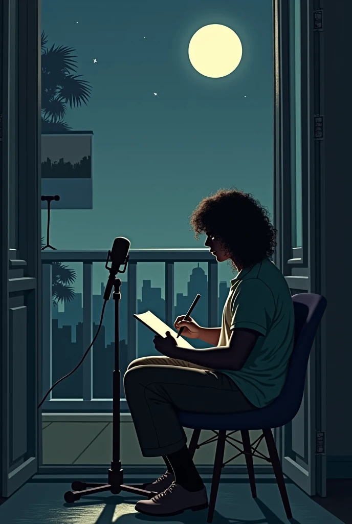 creates the image of a man sitting alone in a chair by his balcony creating poems by the window with a moon and a serene night with a painting containing an empty landscape, The dark-skinned man with wavy shoulder-length hair and a microphone on a pedestal next to him