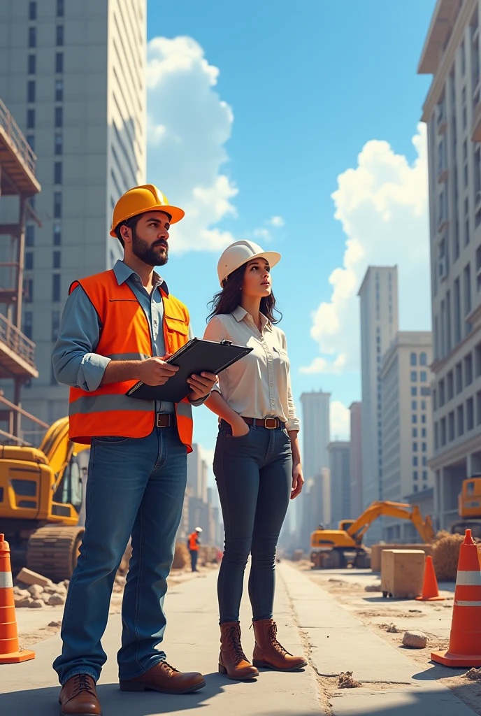 text2image(prompt='A water engineer and a woman standing in a construction site, supervising workers')