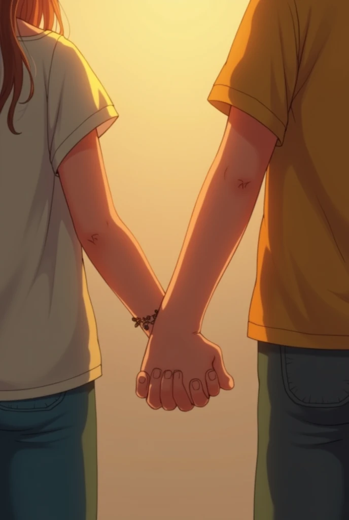 A picture of two hands of a girl and boy. The girl wears a bracelet in left hand. They hold their hand each other.they are sitting together. Realistic picture. Upper view. And didn't create any body part only hands. Yellow lighting. And half sleve t shirts