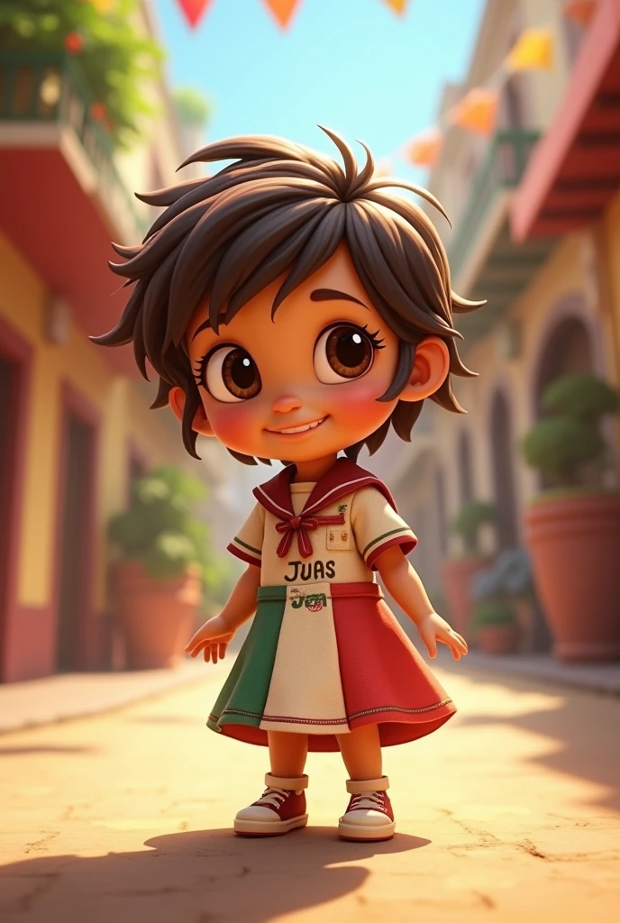 animated cartoon, child,medium brown,broken brown hair, right side hairstyle,Light coffee,sailor dress, That has the name "Juan"representing the independence of Mexico with the Mexican flag