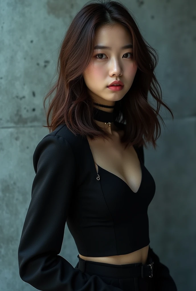Photoshoot debut girlgrup. Rank 4 trainee. Main dancer, lead rapper, face of the group. Korean. Shoulder hair. Her face like seunghee oh my girl. Concept black. 