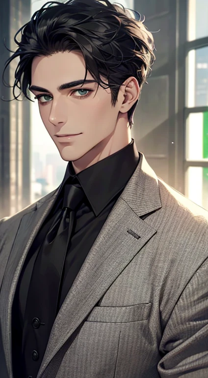 (Highest quality,4K,8K,High resolution,masterpiece:1.2),Super detailed,(Realistic,photoRealistic,photo-Realistic:1.37),1 personld,Mature Men,Beautiful skin、very handsome,Expressionless smile in love,Short gray Black hair,green eyes,Sharp Eyes,A perfect face without a doubt,Businessman, CEO, Office Background,Cinema Lighting,HDR image,tie、