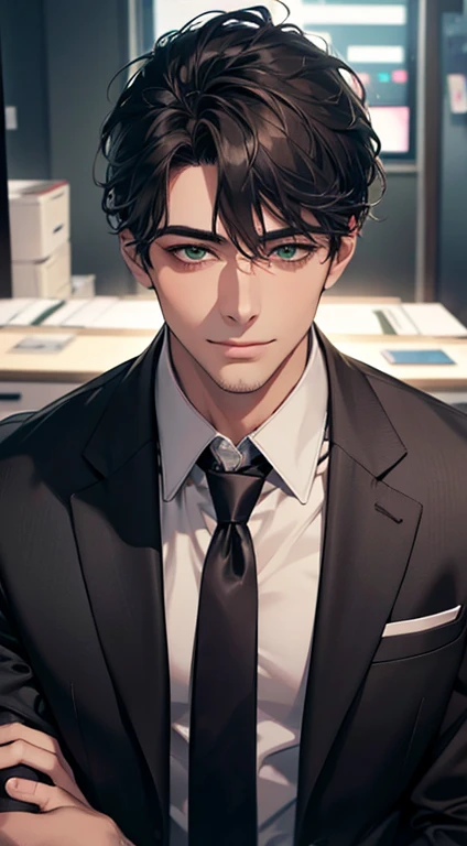 (Highest quality,4K,8K,High resolution,masterpiece:1.2),Super detailed,(Realistic,photoRealistic,photo-Realistic:1.37),1 personld,Mature Men,Beautiful skin、very handsome,Expressionless smile in love,Short gray Black hair,green eyes,Sharp Eyes,A perfect face without a doubt,Businessman, CEO, Office Background,Cinema Lighting,HDR image,tie、